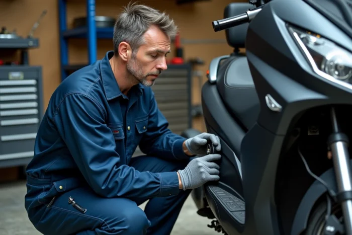 Mécanicien professionnel inspectant le variateur d'un XMAX 125 dans un atelier de mécanique pour scooter