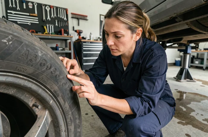 Mécanicienne déchiffrant les dimensions inscrites sur le flanc d'un pneu dans un garage