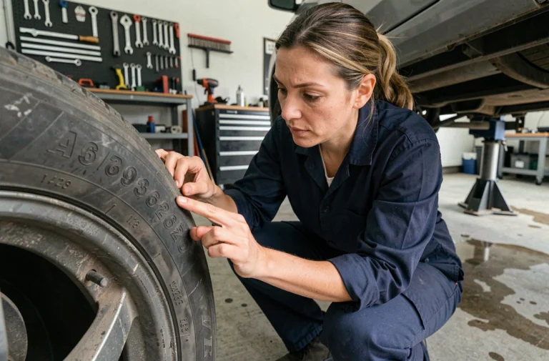 Mécanicienne déchiffrant les dimensions inscrites sur le flanc d'un pneu dans un garage