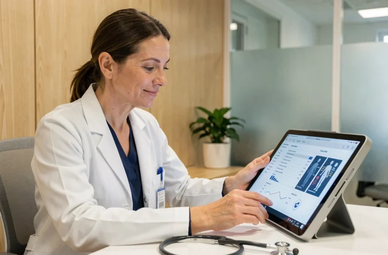 Médecin française consultant un dossier médical numérique sur tablette dans un cabinet médical moderne à Paris