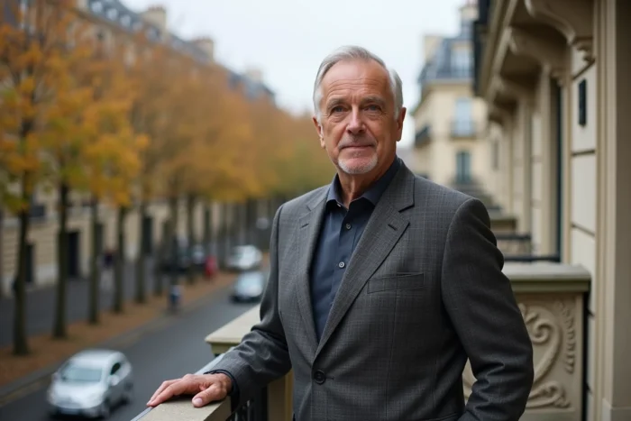 Homme élégant en costume gris sur un balcon haussmannien parisien en automne, illustration du personnage de Michel Lafon père de Julie Andrieu