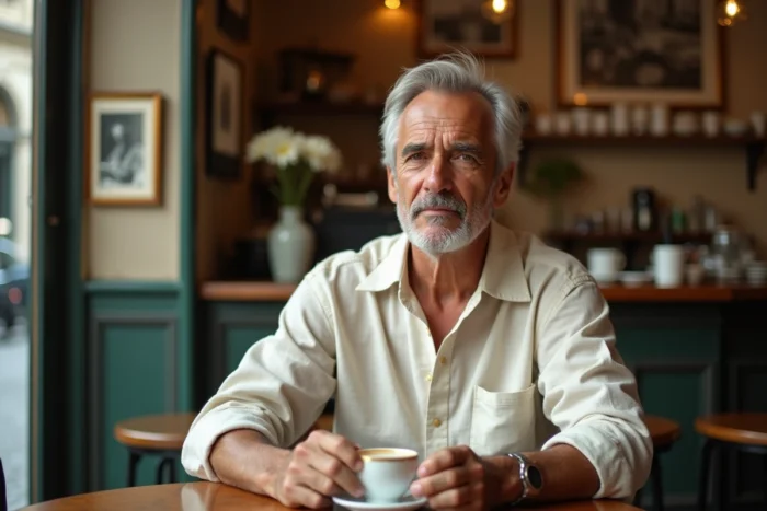 Homme aux cheveux argentés dans un café parisien traditionnel tenant un expresso, portrait intimiste illustrant Michel Lafon père énigmatique de Julie Andrieu