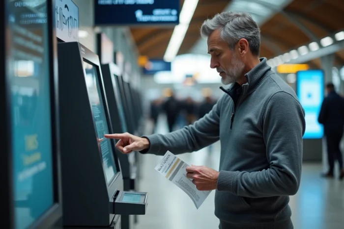 Homme effectuant une modification de billet de train SNCF sur une borne en gare