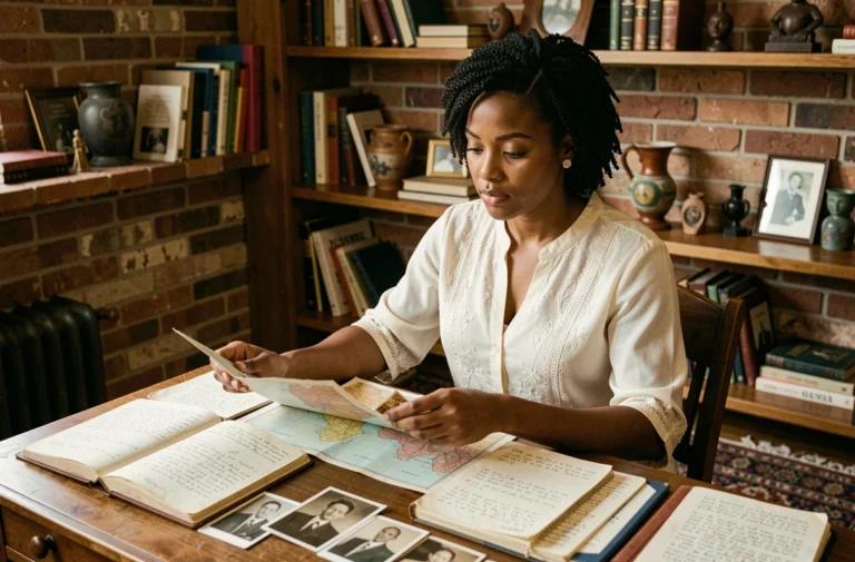 Jeune femme d'origine africaine étudiant des documents historiques et des photographies anciennes dans un bureau chaleureux rempli de livres et d'artefacts culturels