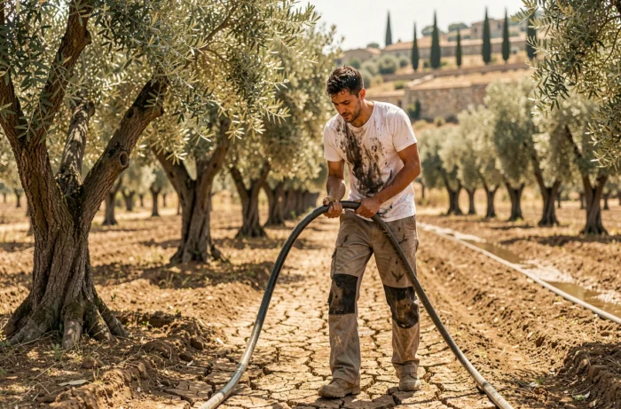 Jeune ouvrier agricole tirant un tuyau d'irrigation dans un verger d'oliviers sous le soleil méditerranéen