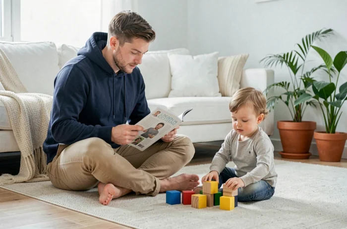 Papa millénial lisant un magazine parental assis sur un tapis avec son bambin qui joue