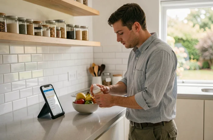 Jeune père préparant un biberon dans une cuisine moderne tout en consultant son smartphone