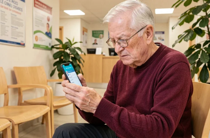 Patient âgé consultant l'application Mon Espace Santé sur smartphone dans une salle d'attente de cabinet médical en France