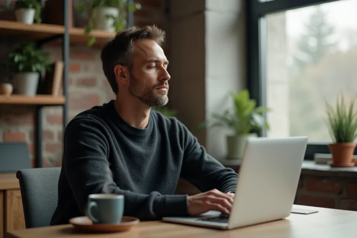 Professionnel en pause de méditation devant son ordinateur dans un bureau calme, symbolisant la gestion du stress et la santé mentale au travail