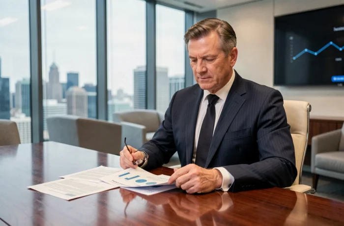 Directeur général d'une grande entreprise cosmétique en costume sombre assis dans une salle de réunion en verre avec des rapports financiers sur la table