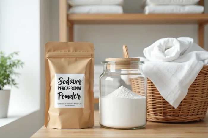Sachet kraft et bocal en verre de percarbonate de soude posés près d'un panier de linge blanc dans une buanderie