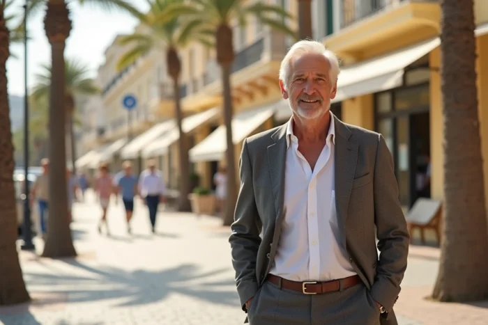 Personnalité politique française en promenade sur la Côte d'Azur, illustrant succès et influence dans le sud de la France