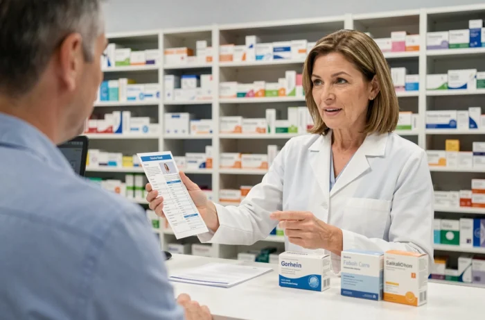 Pharmacienne expliquant à un client la compatibilité entre Doliprane et Aerius au comptoir d'une pharmacie