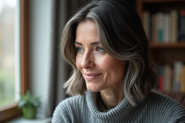 Portrait rapproché d'une femme avec grey blending sur cheveux bruns foncés, intégration naturelle des cheveux blancs aux tempes