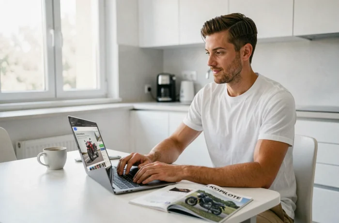 Homme préparant l'examen du code moto sur ordinateur portable avec la plateforme Kopilote