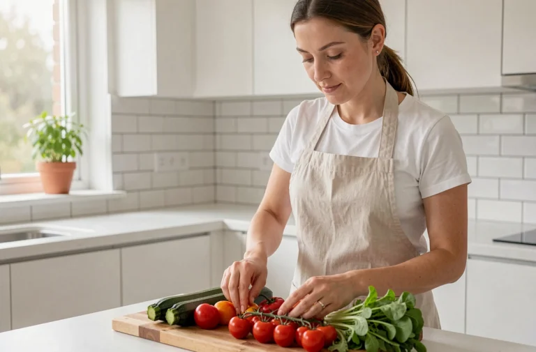 Femme préparant des légumes frais et colorés sur une planche en bois dans une cuisine moderne pour une recette légère