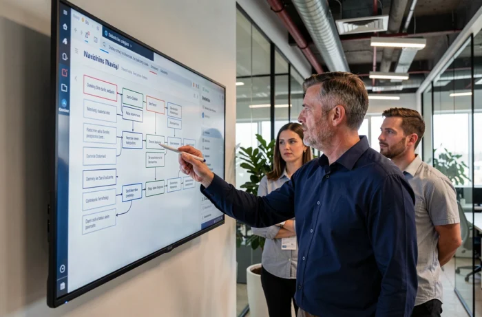 Chef de projet présentant une structure de navigation de site web sur grand écran à son équipe dans un bureau moderne