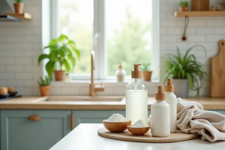 Ensemble de produits d'entretien écologiques disposés sur un plan de travail en bois dans une cuisine moderne et épurée