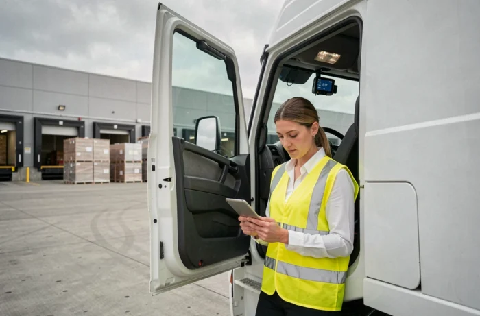 Professionnelle de la logistique debout près d'un camion équipé d'un GPS Snooper dans un dépôt de fret