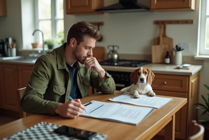 Propriétaire de chien consultant des documents d'assurance pour son beagle à la maison