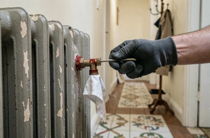 Purge manuelle d'un radiateur en fonte dans le couloir d'une maison de ville bruxelloise lors de l'entretien du chauffage