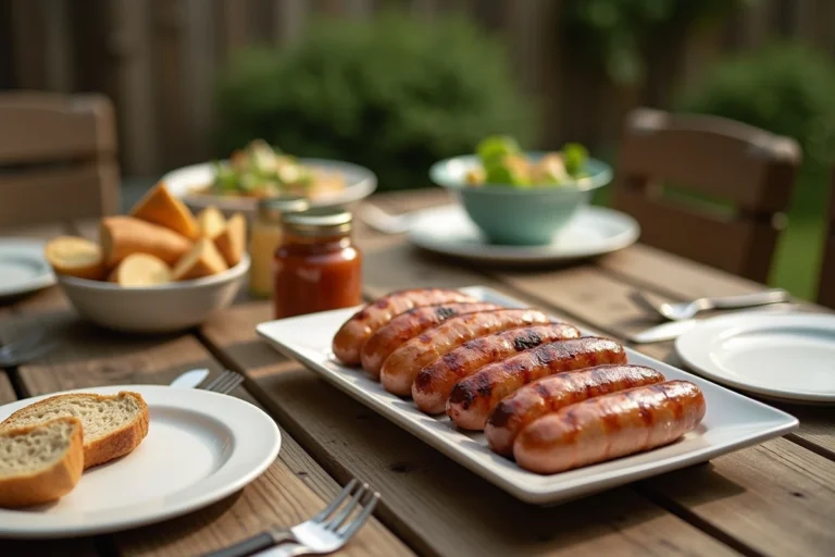 Grande tablée conviviale avec saucisses grillées dorées sur plateau en céramique, pain rustique et moutarde pour 10 personnes