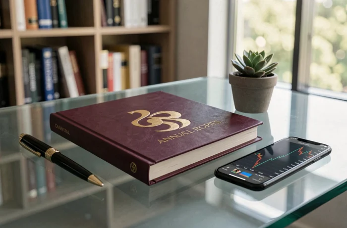 Rapport annuel financier d'un grand groupe cosmétique posé sur un bureau en verre avec stylo et graphique boursier sur smartphone