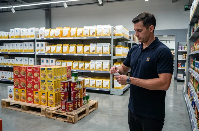 Rayons modernes d'un magasin Aldi avec des produits en marque propre sur palettes et un employé en train de réorganiser l'étalage