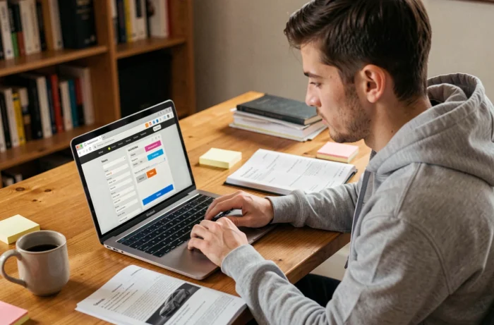 Jeune homme consultant un guide de dimensions de pneus sur son ordinateur portable à la maison