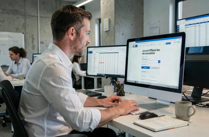 Homme recherchant l'existence légale d'une association sur le site du Journal Officiel des Associations en ligne