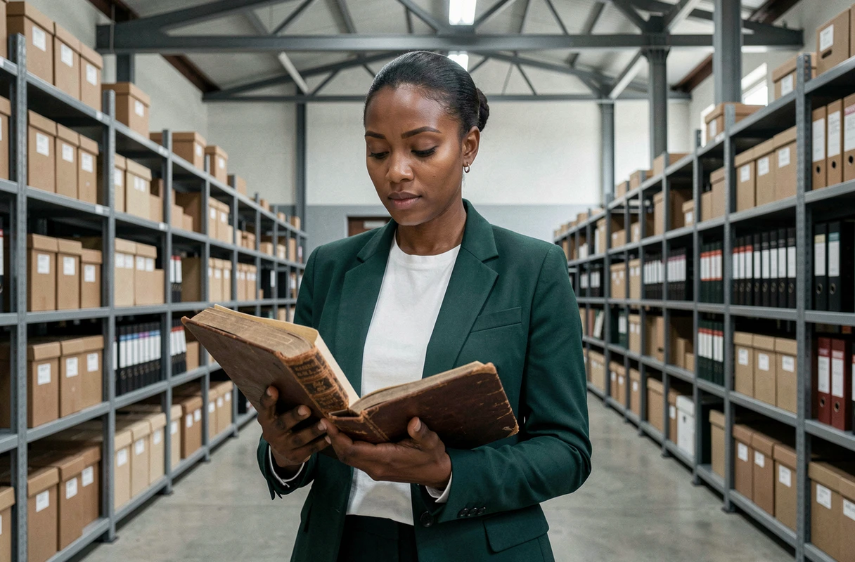 Femme d'origine congolaise en blazer vert consultant des archives historiques dans une bibliothèque moderne, symbolisant la recherche des origines et de l'identité