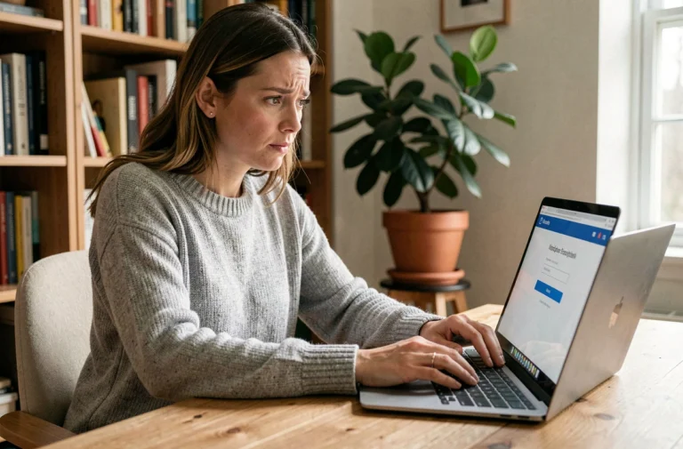Femme récupérant l'accès à son compte Gozmap sur un ordinateur portable dans un bureau à domicile
