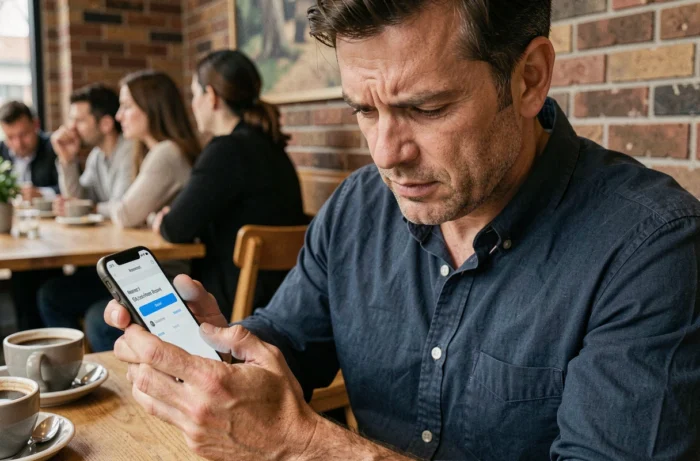 Homme consultant son téléphone pour récupérer un compte Gozmap dans un café moderne
