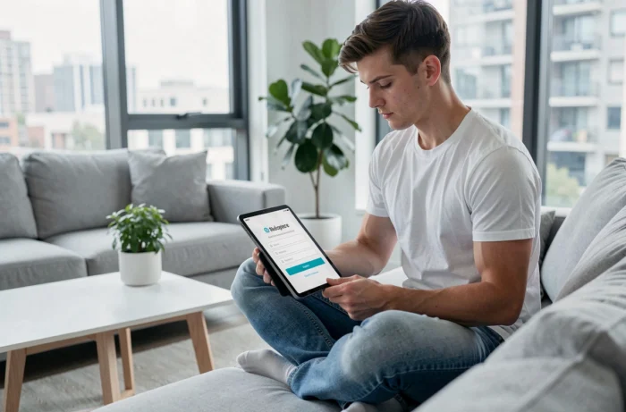 Jeune adulte utilisant une tablette pour retrouver l'accès à un compte Gozmap dans un salon moderne