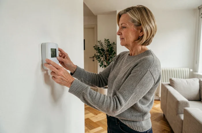 Femme réglant un thermostat programmable dans un appartement moderne à Bruxelles pour optimiser le chauffage