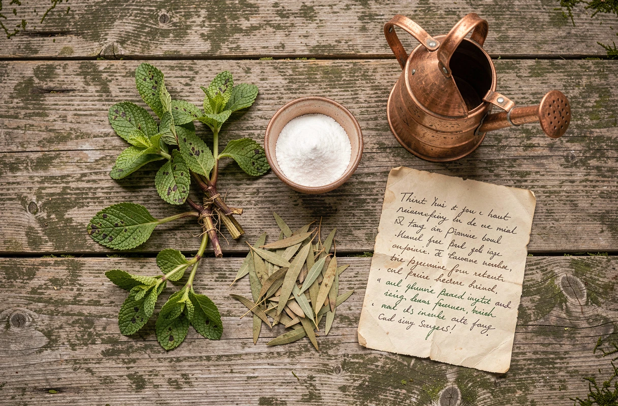 Mise en scène à plat des remèdes naturels et outils de jardinage pour prévenir les taches noires sur la menthe