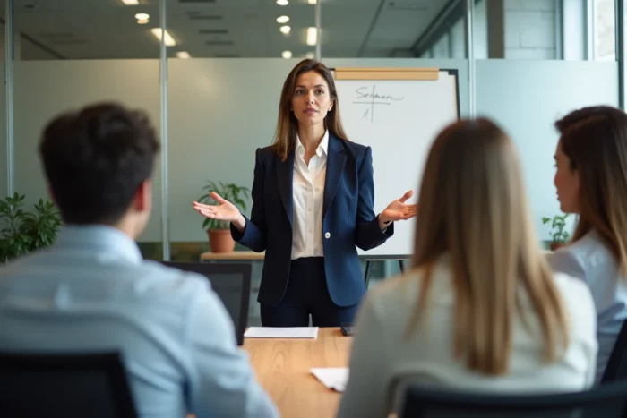 Responsable d'équipe animant une réunion sur le bien-être au travail dans une salle de réunion moderne avec ses collègues