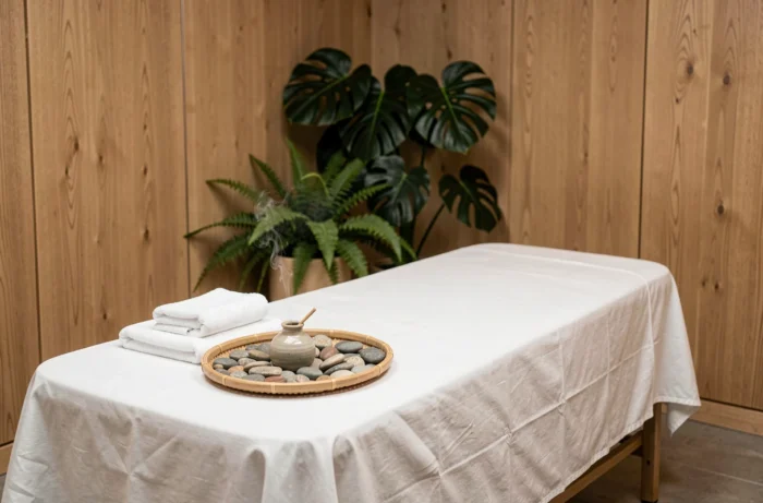Salle de massage naturiste zen et épurée dans un institut de bien-être haut de gamme à Paris