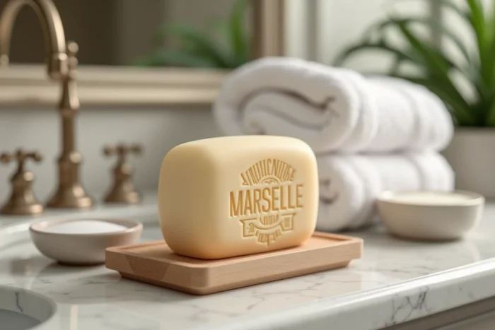 Pain de savon de Marseille authentique avec son marquage traditionnel sur un porte-savon en bois dans une salle de bain