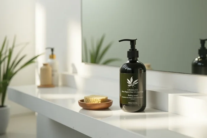 Flacon de savon noir liquide à l'huile d'olive avec une éponge naturelle sur une étagère de salle de bain blanche