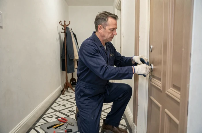 Serrurier professionnel installant un cylindre de verrou sur une porte d'appartement dans un couloir parisien