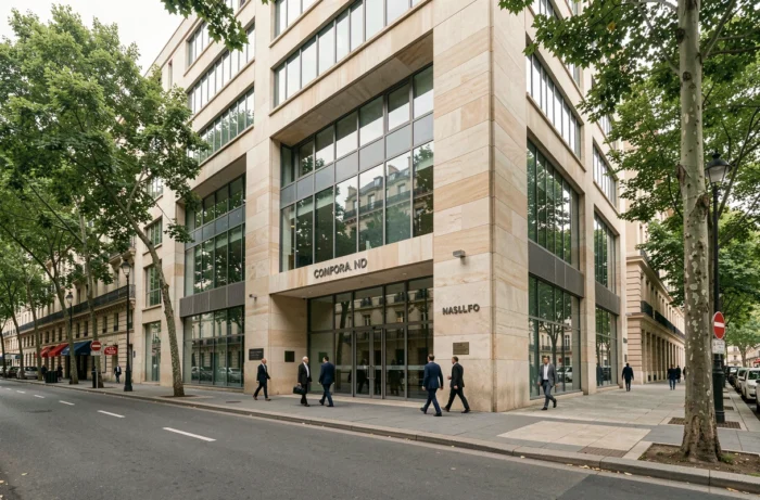 Façade du siège social d'une banque en ligne moderne en France, architecture contemporaine dans un boulevard parisien