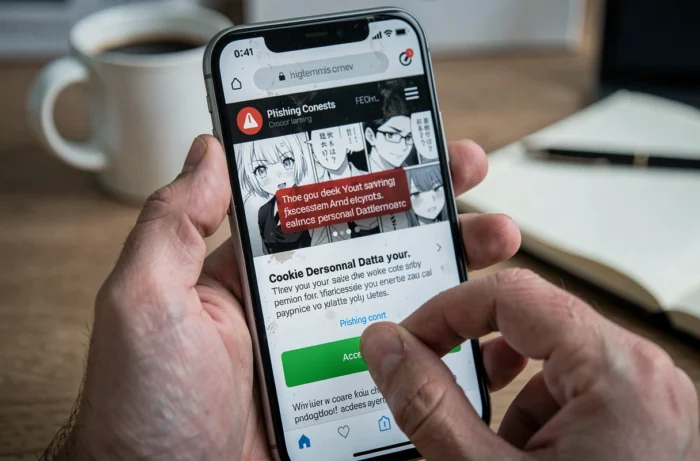 Gros plan d'une main tenant un smartphone affichant une alerte de phishing sur un site de manga gratuit en ligne