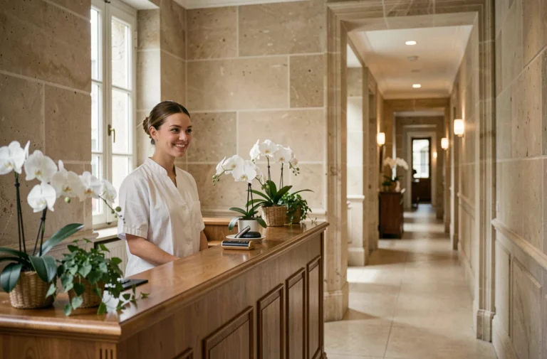 Réception élégante d'un spa bien-être parisien proposant des soins de massage naturiste dans un cadre raffiné