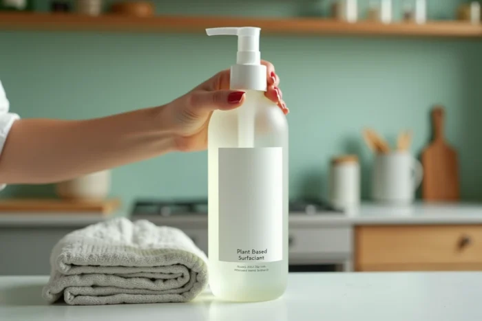 Main tenant un spray rechargeable en verre dépoli aux tensioactifs végétaux dans une cuisine écologique moderne