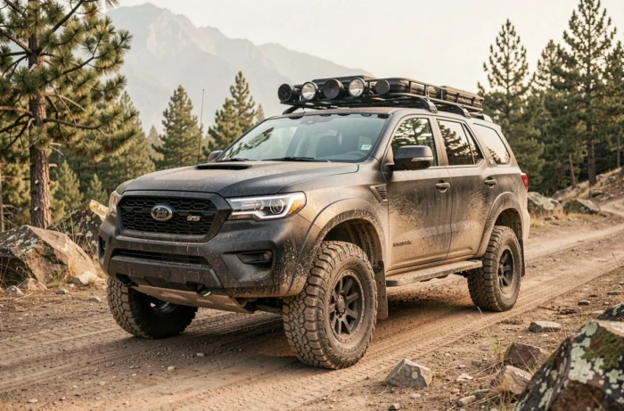 SUV tout-terrain noir mat sur un chemin de montagne poussiéreux entouré de forêts de pins