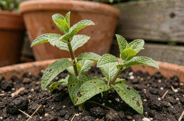 Feuilles de menthe au jardin présentant des taches noires sur fond de terre humide, gros plan macro botanique