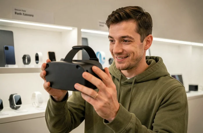 Homme tenant un casque de réalité mixte dans un showroom high-tech lors d'une découverte des nouvelles technologies