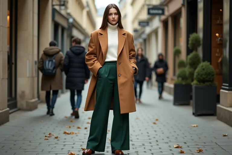 Femme élégante portant un blazer camel oversize et un pantalon large vert forêt dans une rue parisienne pavée en automne