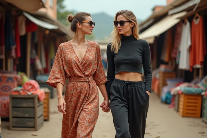 Deux femmes aux styles contrastés — robe wax terracotta et ensemble tricot gris anthracite — se promenant dans un marché en plein air